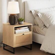 Buro, Buros para Recamara, Mesa de Noche con Cajones Madera, Mesita Noche de Ratán, Burós Minimalistas, Night Stand, Beige - Beis - Ver 2