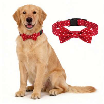 Valentine Dog Collar With Bow Tie, Detachable Red Heart Bowtie, Adjustable Red Valentine's Day Collars For Dogs Boy Girl Costume Accessories