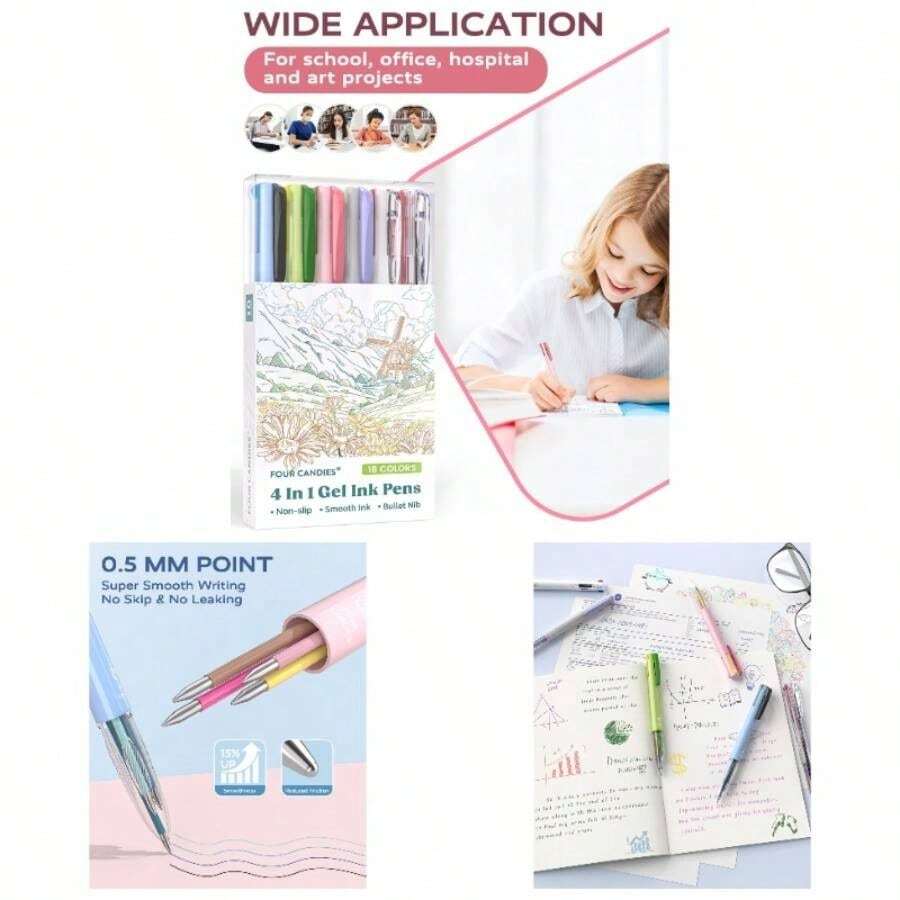 Multicolor Pens, 4 - In - 1 Colored Ballpoint Pen, 0.5mm Quick Dry Black Ink Pens Fine Point Smooth Writing Pens, Cute Nurse Pens Work, 18 Colors, 6PCS - Nhiều màu - Xem 1
