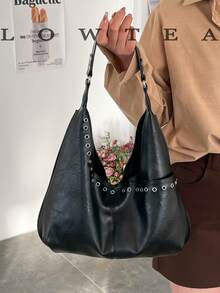 low tea 1 Stück einfarbige PU-Leder Umhängetasche mit Magnetverschluss für Frauen, Hobo-Stil Henkeltasche, geeignet für Reisen, Einkaufen, Dates, Arbeit, Geschäft, Pendeln, Geschenk für Frauen - Schwarz - Übersicht 5