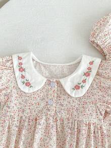 Áo liền thân cho bé gái, cổ Peter Pan dễ thương, thêu hoa, kiểu công chúa thời trang. - Hồng - Xem 4