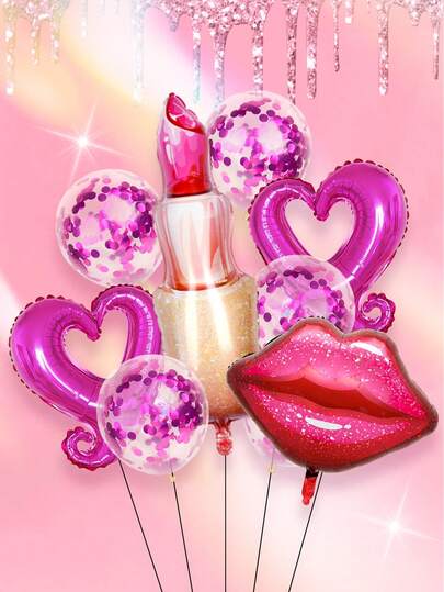 9件套口红及嘴唇造型铝箔气球套装，包含口红气球、红色嘴唇气球、亮粉色亮片气球，适用于口红主题派对、单身派对、生日派对、情人节、婚礼、新娘送礼会、水疗派对、周年纪念装饰等场合。