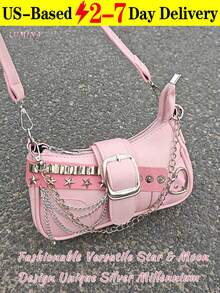 1pc Y2K Fashionable Versatile Star & Moon Design Unique Silver Millennium Shoulder Chain Crossbody Bag[US-Based Shipping]Women's Y2k Star Embroidery Shoulder Bag,Mini Chain Hobo Handbag Purses,Punk Bag,  Gothic Tote Purse,Handbag Goth ,Rock Fashion Girls Handbag,Cute Studded Punk Rivet Purse,Starry Sky Print Women Handbag,Perfect For Girls' Street Style And Party Outfits, Also A Great Gift On Thanksgiving Day, Christmas Day, New Year, Birthday, Valentine's Day, Mother's Day, Other Holidays Or Anniversary For Your Mother, Sister, Daughter, Colleagues, Friends,Mochilas, Bag Charm, Valentine's Day, Bolsos, Valentines, Carteras Para Mujer, Cherry Keychain, Laundry Basket, Beach Bag, Summer, Car Interior Accessories, Cruise, Airplane & Laundry Travel Essentials, Backpack, Purse Accessories, Tote, Shoulder Bag, Bolsas De Mujer, Bible Cover, Purse Keychain, Bag Charms For Purse, Gorras Para Hombre, Travel Accessories, Vintage Baguette Bags, Suitcase, Handbags, Fairy Costumes - 粉色 - 查看 12