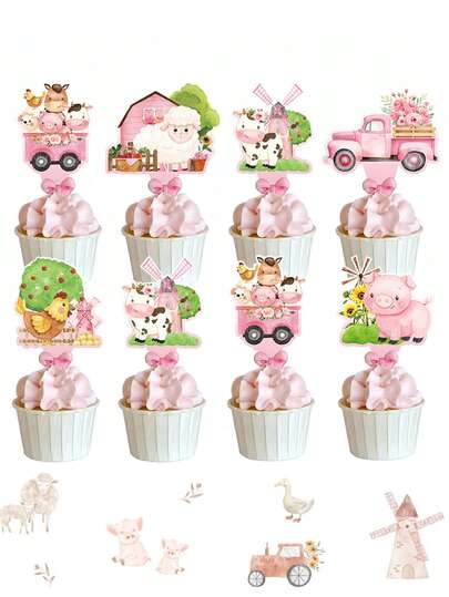 Pink Farm Animal Cupcake Toppers, Farm Animal Cake Decoration, Farm Animal Birthday Cupcake Toppers Picks For Farm Animal Theme Party Babe Shower Barnyard Birthday Party Supplies