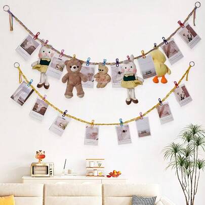 一套毛绒娃娃收纳挂绳+收纳夹，棉绳编织网袋，可用于收纳衣服、帽子、袜子 - 可爱的毛绒网挂饰，适合儿童房卧室