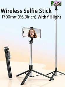 67 Inch Selfie Stick With Reinforced Tripod - 1 Fill Lights, Multi Functional Extendable & Portable Phone Tripod With Remote,With Light,Compatible With IPhone 14 Pro Max/13/12/11 Android Smartphone Perfect For Travel, Vlog, Video And Photo Integrated Compatible With Iphone Android Phone For Summer Vacation, Travel, Fill Light, Outdoor Activities, Live Streaming Tripod Stand - Black - View 3