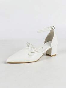 Women's White Pointed Toe Bow Pearl Strap Chunky Heel High Heels - أبيض - مشاهدة 6