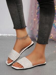 Luxury Sparkling Pearl & Rhinestone Decor White Ladies Slip-On Sandals, 2026 New Arrivals, Large Sizes, Square Toe, Open Toe, Flat, Suitable For Outdoor, Beach, School, Casual, Mothers - White - View 4