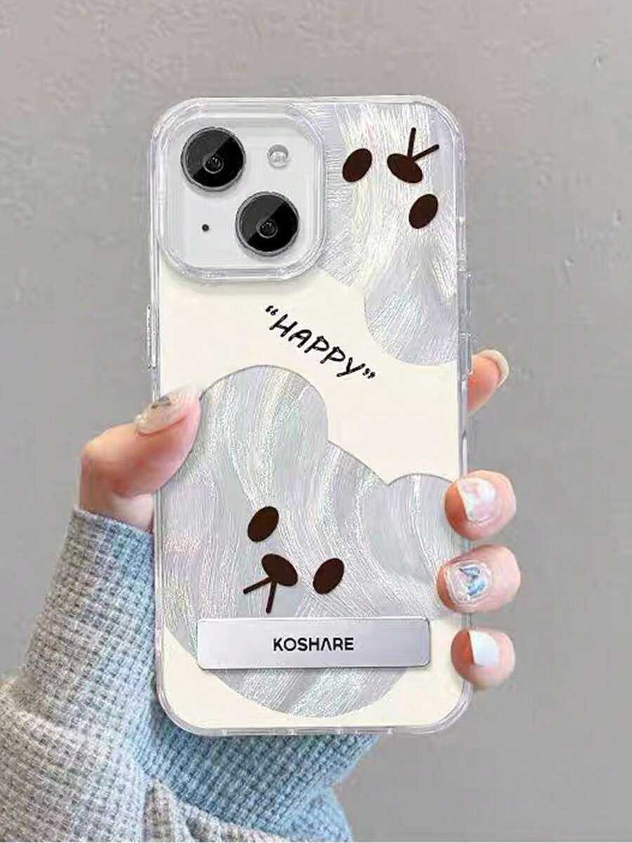 1pc Silver Feather Tulle Cute Cartoon Phone Case With Teddy Bear Design & 3D Metal Stand, Compatible With IPhone 11/12/13/14/15/16/17/Pro Max