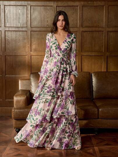 Faeriesty This Elegant Long-Sleeve Evening Gown Features A Cross V-Neck Design, Delicate Floral Prints, Exaggerated Bell Sleeves, A Cinched Waist, And A Multi-Layered, Flowing Skirt. It Is Perfect For Wedding Guests, Bridal Photoshoots, Romantic Photography, Grand Celebrations, And Formal Anniversary Events. An Essential For Vacations.