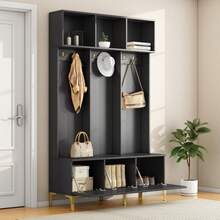 Wardrobe Set With Bench, Multifunctional Storage Bench, Open Storage, 6 Hooks And Gold Legs, Suitable For An Entryway Or Living Room, White, W 120/D 40/H 191.5 Cm - 黑色 - 查看 2