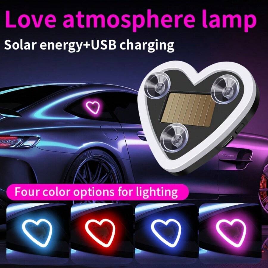 Red Solar-Powered Heart-Shaped Car Neon Light, 5 Lighting Modes, Automatic Sensor-Activated Window Ambient Light, Dual Power Sources (USB And Solar), Car Decor Designed Specifically For Women-The Perfect Gift For Mother's Day, Weddings, Or Female Friends - Heart-Shaped Neon Light - Red - 查看 1