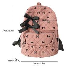 1个粉色蝴蝶结图案灯芯绒大容量缎带装饰背包，韩版可爱风格，适合女性日常通勤和上学使用 - 彩色 - 查看 10