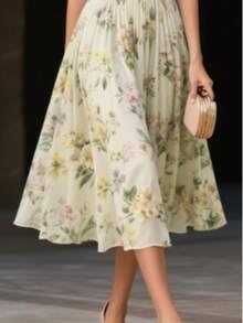 优雅无袖碎花雪纺连衣裙 - 浪漫V领收腰喇叭裙摆，春夏度假风 - 淡綠 - 查看 4