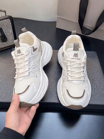 Women's Mesh Chunky Sneakers, Lace-Up, Breathable, Lightweight, Platform, Fashionable Casual Sports Shoes, Solid Color, Polyester, Outdoor, Spring/Autumn