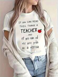 Casual Loose-Fitting T-Shirt For Women Featuring A Light Anime Design Perfect For Teacher'S Day With A Humorous Touch This Short-Sleeve Round Neck Top Is Suitable For Spring And Summer And Is Washable - White - View 2