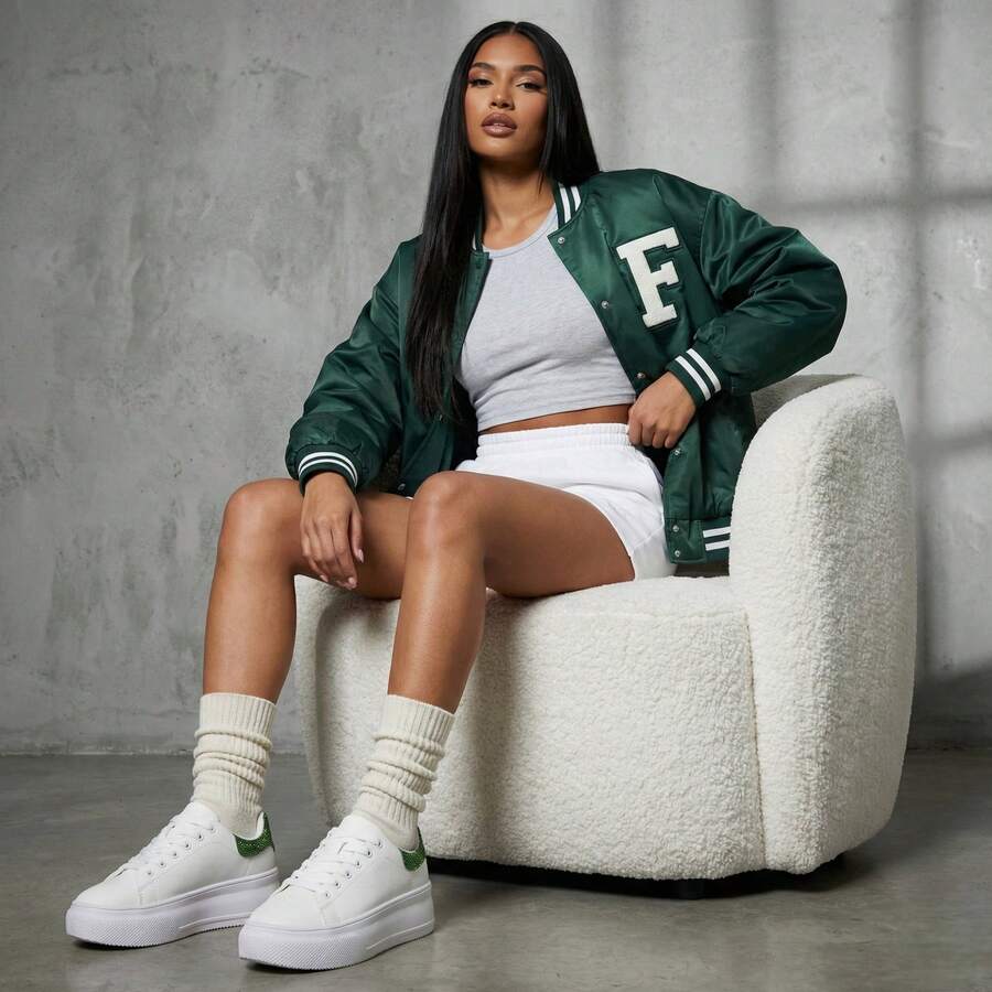 Women Thick Bottom Platform Sneakers Rhinestone - Green - View 1