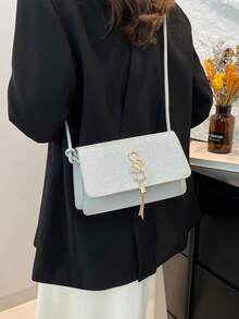 女士简约方形手提包，新款夏季时尚纯色单肩包，休闲托特包，复古斜挎包 - 銀色 - 查看 2
