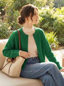 Knit Mix 优雅女士法式宽松针织开衫，适合圣诞节、感恩节、新年等节日，时尚长袖圆领毛衣，休闲纯色开衫，秋冬季必备。 - 綠色 - 查看 10