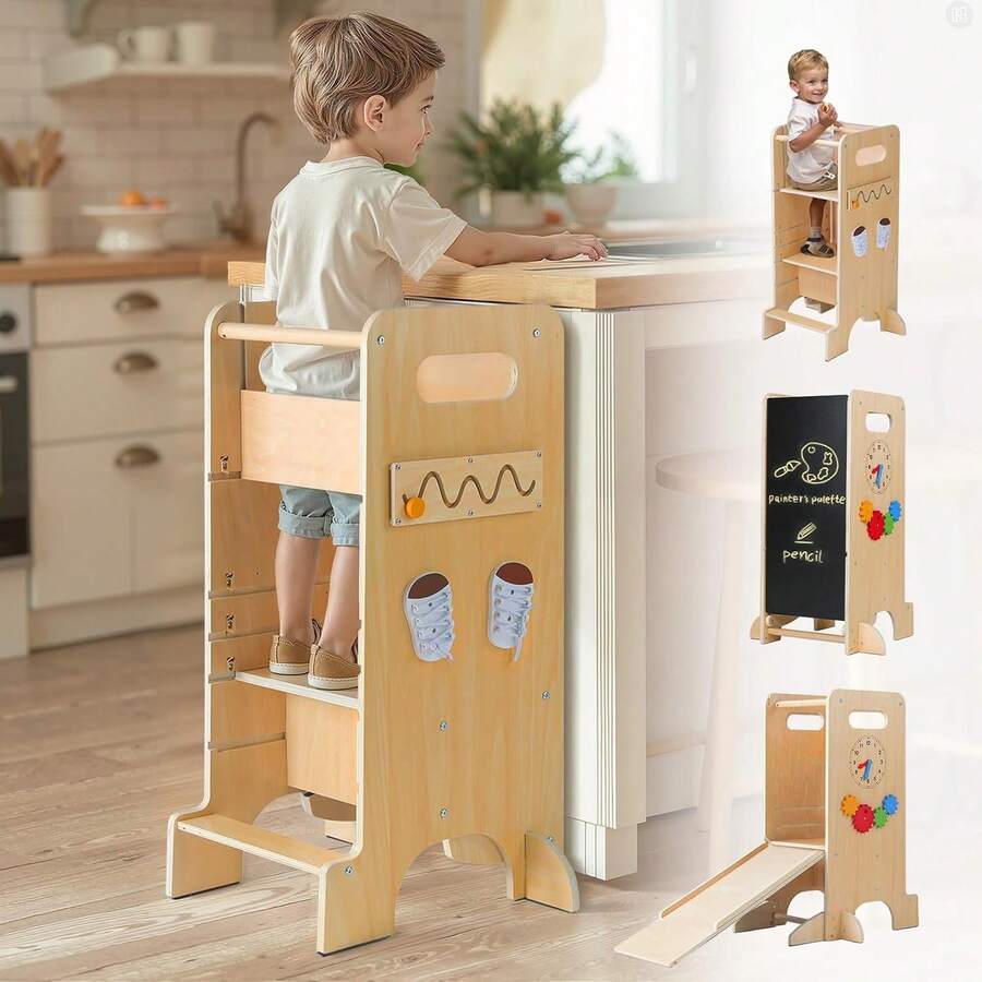 FLYBIRD Montessori Toddler Tower 4-In-1 Multifunctional Kitchen Stool Helper With Removable Safety Board, Adjustable Heights, Slide, Highchair, Chalkboard - 杏色 - 查看 1