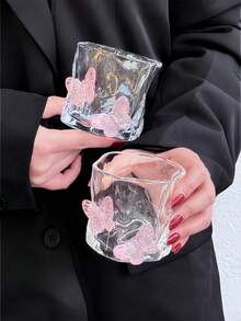 1 件粉色 3D 不对称蝴蝶玻璃杯，ins 风格果汁饮料玻璃杯，高品质玻璃水杯，甜品杯，适用于甜品店、客厅、餐厅、礼物、聚会、派对 - 粉色 - 查看 6