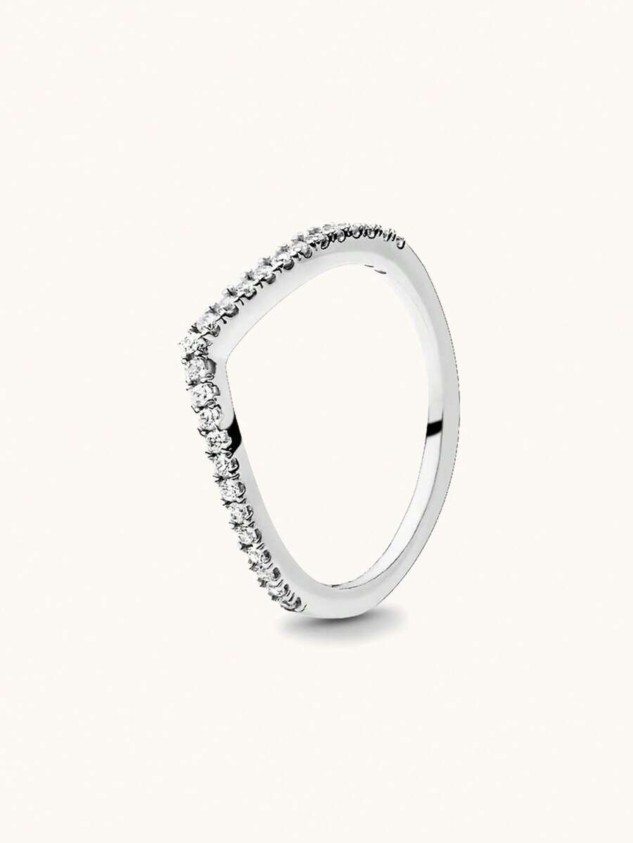 1Pc Fashion High-End Exquisite Luxury Diamond Ring, V-Shaped Inlaid Diamond Ring, Wedding Ring, Engagement Ring, Suitable As A Beautiful Gift To Witness Love - Silver - View 1