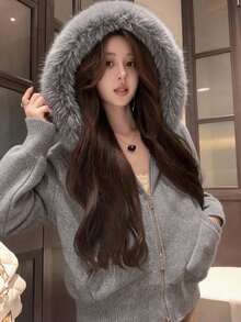 Women Zip-Up Knitted Cardigan With Faux Fur Collar Hoodie, Casual Autumn/Winter Top