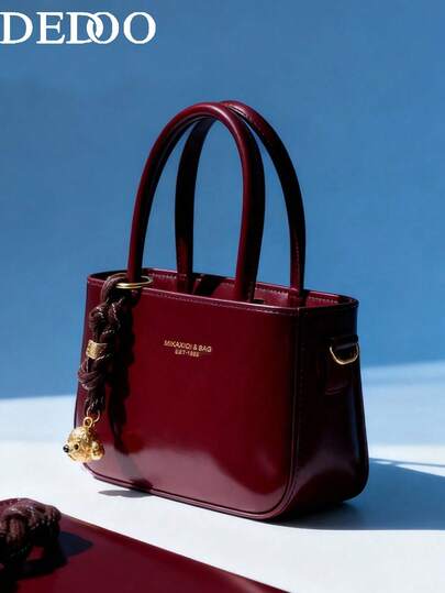 Dedoo Women's Solid Color Square Handbag With Detachable Shoulder Strap, Metal Dog Charm, Letter Print Pattern, Burgundy Elegant Crossbody Bag, Zipper Closure, Polyester Lining, Vintage Style, Suitable For Shopping And Dates , Red Bag , Burgundy Bag