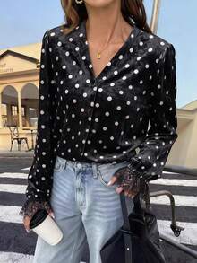 EARO Chic 女士复古丝绒波点衬衫，黑色蕾丝袖口长袖V领上衣，法式优雅办公室着装，蕾丝袖，小众设计衬衫，百搭日常穿着 - 黑色 - 查看 1