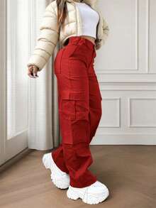 Red Multi-Pocket Buttoned Casual Y2K Elegant And Cute Lightweight Work Pants. Suitable For Back-To-School, Graduation, Clubs, Birthday Parties, Halloween, New Year, Thanksgiving, Concerts, Gyms, Beaches, Vacations, Business, Daily Going Out, Sports, Airport Wear, Street Style, Teacher's Day, Spring, Summer, Autumn And Winter. - Red - View 8