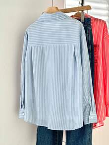 Women's Striped Front Button Bow Embroidery Blouse Spring - Baby Blue - View 3