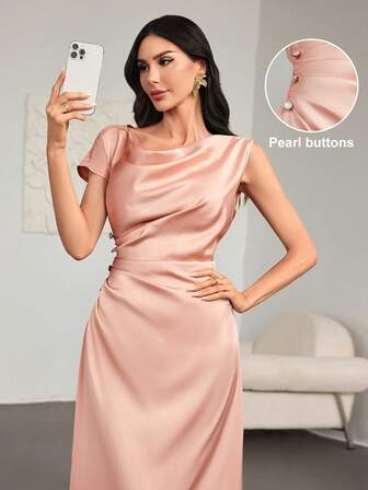This Elegant Champagne Pink A-Line Dress Features Asymmetrical Pleats At The Shoulders And Is Buttoned. Perfect For Dates, Vacations, Weddings, Events, Back-To-School Celebrations, Graduations, Formal Bridesmaid Dresses, Wedding Guest Dresses, Prom Dresses, And Fall Wedding Guest Dresses.