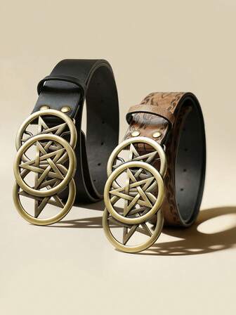Women's Retro Pentagram Buckle Belt, Brown/Black Embossed Waist Belt, Fashion 2026