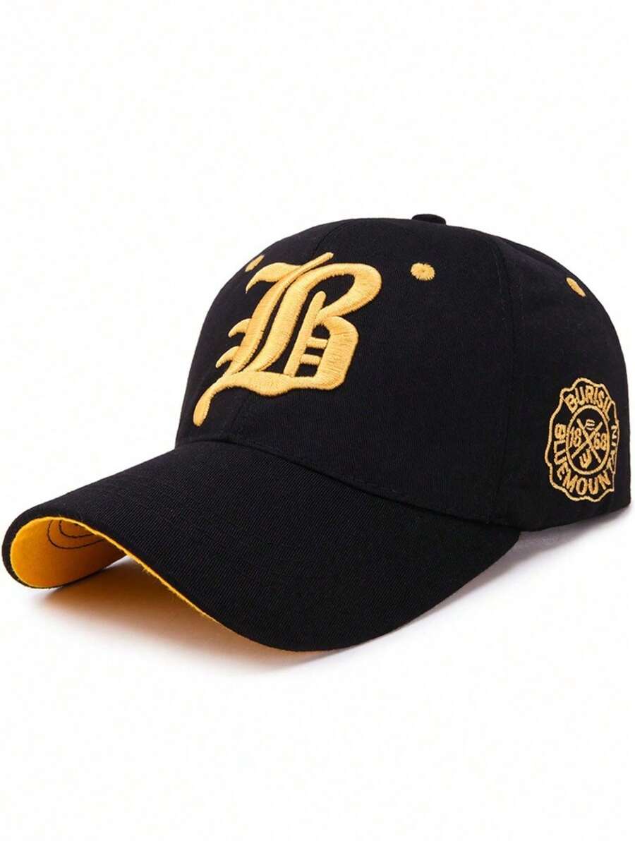2026Gorras béisbol de marca trendy con bordado de letras, estilo occidental, para primavera y otoño, protección solar para actividades casuales al aire libre - Negro y amarillo - Ver 1