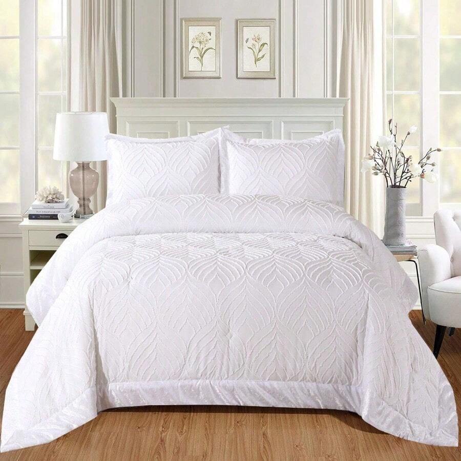 Luxury Quilted Velvet Bedspread Set With Pillow Shams – Soft Comforter Coverlet Bedding Set – King & Double Sizes - White - View 1