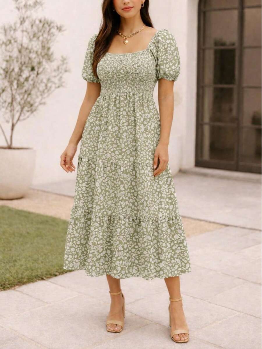 Women Long Dresses - Flowery Green - View 1