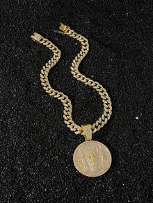 1pc Men's Fully Iced Out Hip Hop Cuban Link Cross & Round Pendant Necklace - Style a - View 7