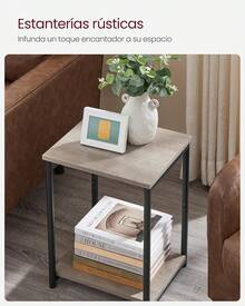 Mesas auxiliares, Juego de 2, Mesitas de Noche, con Estante de Almacenamiento, Marco de Acero, para Sala de Estar, Dormitorio, Estilo Industrial, Marrón Rústico y Negro MLET272B01 - Greige Brezo + Negro Clásico - Ver 3