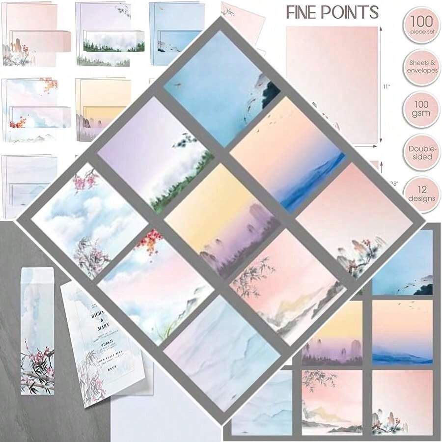 Better Office Products Juego de papel de papelería japonesa de acuarela, juego de 100 piezas (50 hojas + 50 sobres a juego), tamaño carta 8.5 x 11 pulgadas, 9 diseños, papel de impresión de doble - Misceláneas - Ver 1