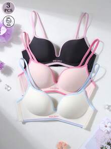 3pcs/Set Teenage Girls' Seamless Wireless Colorblock Bras, Comfortable Cute Letter Print Bras, Suitable For 13-16 Years Old - Multicolor - View 1