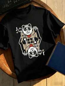 Maglietta nera con stampa grafica Panda Poker in morbido cotone, vestibilità ampia, vestibilità comoda, street hip-hop, stampa artistica - nero - Visualizzare 2