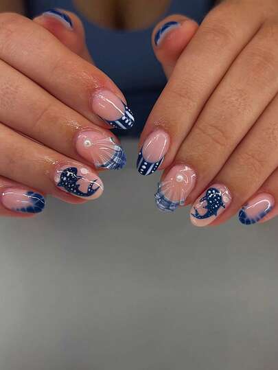 24pcs Short Oval 3D Gel Nail Stickers, Create Ocean Theme Nails, Patterns Include Whales, Seashells And Pearl Decorations, French Tip Style, Short Length Fits Perfectly, Acrylic Fake Nails Set, Includes: 1pc Jelly Gel And 1pc Nail File, French Manicure, Suitable For Women, Girls For Daily, Holiday And Party Occasions. Nail Supplies