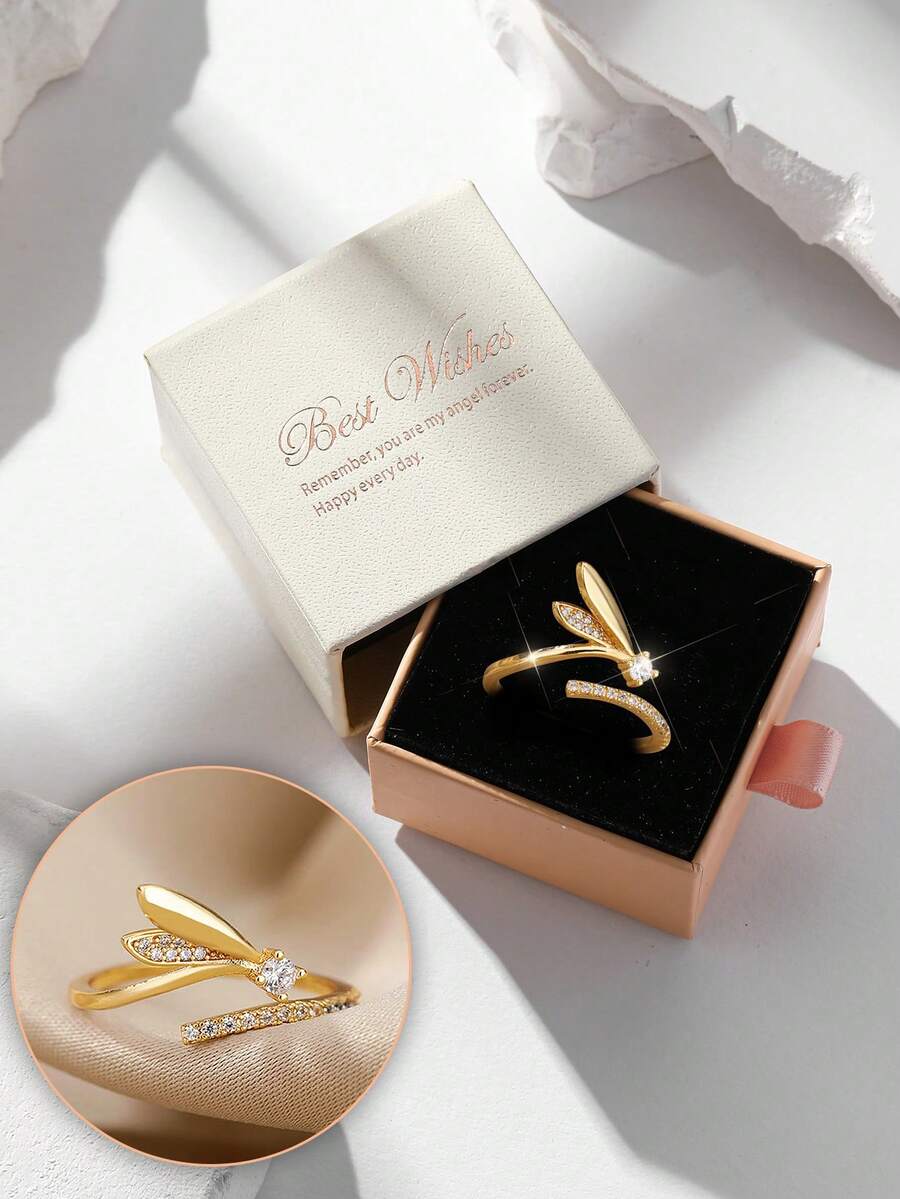 Gift Box Elegant Cubic Zirconia Rabbit Ear Shaped Ring, Jewelry For Women Party, Banquet, Daily Wear, Copper Material, Non-Fading, Hypoallergenic, Suitable For Holiday Gifts - Gold - View 1