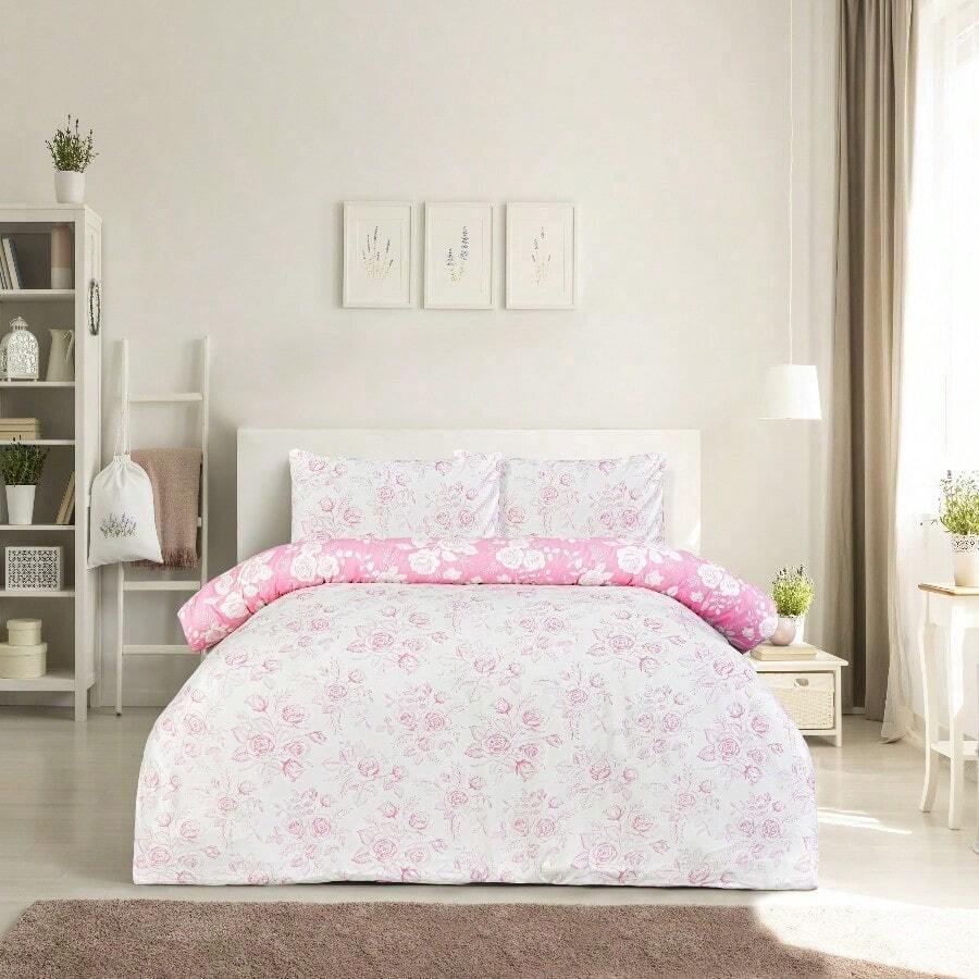 Luxury Super Soft Reversible Floral Toile Duvet Cover With Pillowcase - Pink Color - View 1
