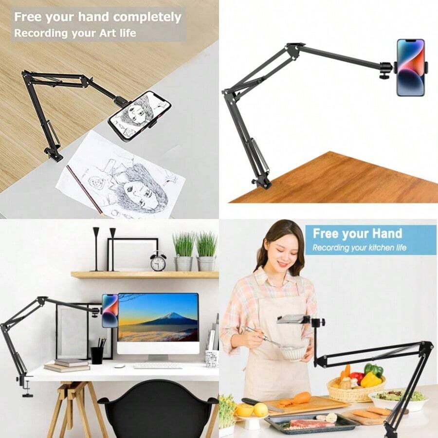 合金金属顶置三脚架支架，适用于相机、网络摄像头、环形灯，长臂可调节高度，带手机支架和球形云台，桌面懒人臂夹式手机支架配件，适用于直播、视频录制，生日礼物 - 01黑色 - 查看 1