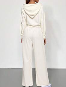 两件套女士纯色休闲拉链连帽衫套装，适合秋冬季街头穿搭、海滩装、办公、毕业典礼、返校季、女教师春季服装。 - 杏色 - 查看 5