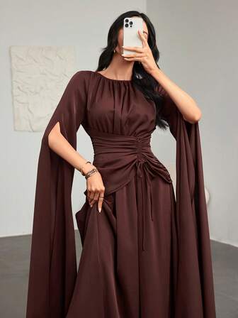 This Elegant Romantic French-Style Women's Beach Dress Features Soft, Draping Fabric, A Ruffled Collar, Front Ruching, A Flared Maxi Skirt, Long Sleeves, And Slit Cuffs - Perfect For Afternoon Tea, Parties, And Middle Eastern-Inspired Ensembles, And Ideal For Spring, Summer, And Autumn