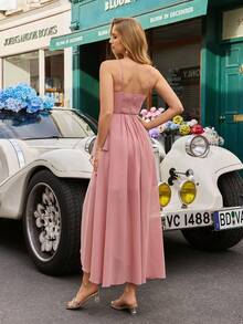 Elegant Chiffon Long Bridesmaid Dress, Sleeveless Spaghetti Strap Backless Asymmetric Ruffle Zipper Detail - Pink - View 3