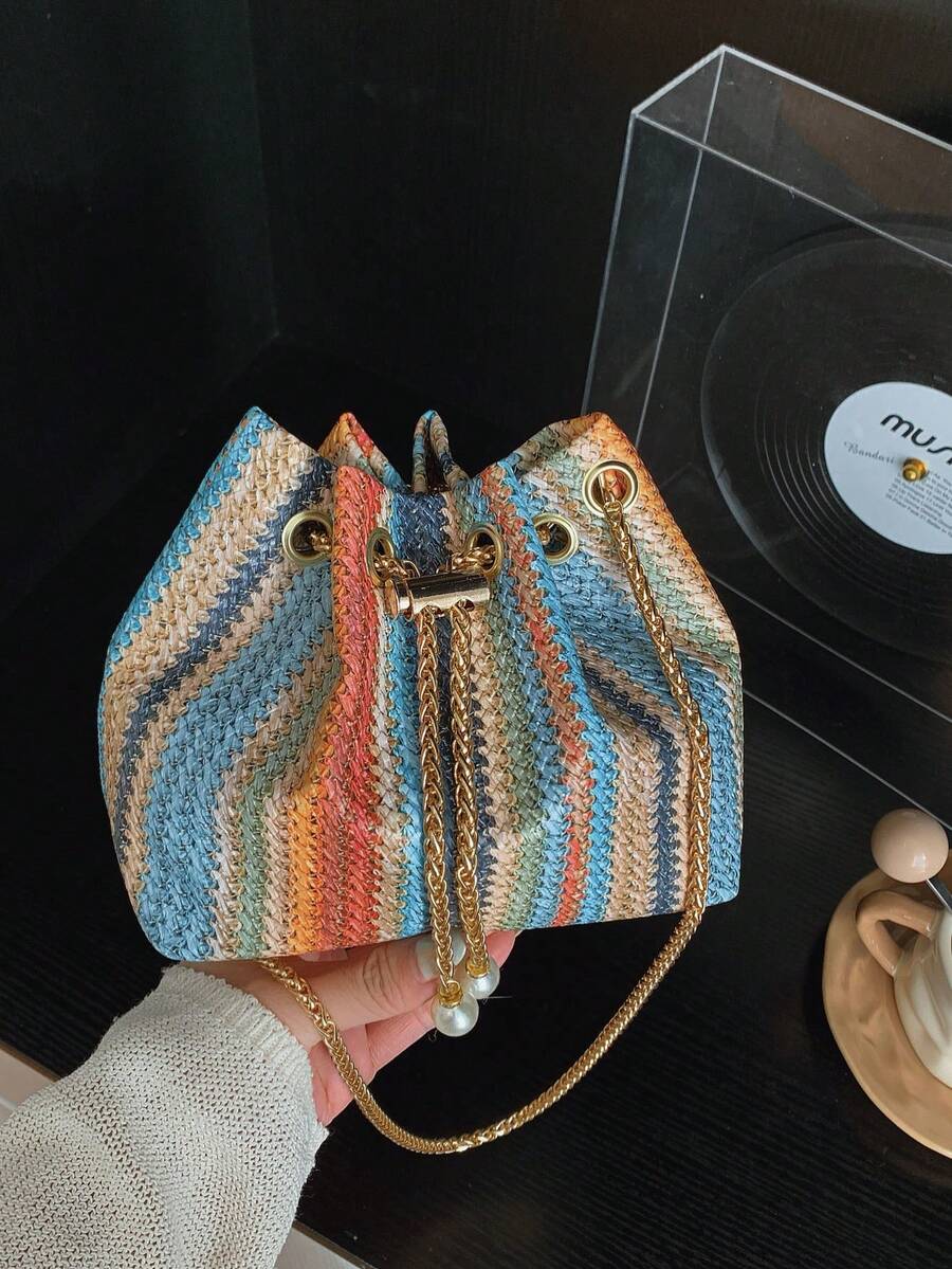 迷你纯色水钻时尚晚宴包，闪亮亮片抽绳水桶包，配金属链条肩带，适合派对和户外活动。 - 藍色 - 查看 1