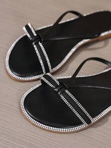 Flat Sandals For Women, Roman Style With Rhinestones, Elastic Strap, Metal Circle Toe Ring Valentines